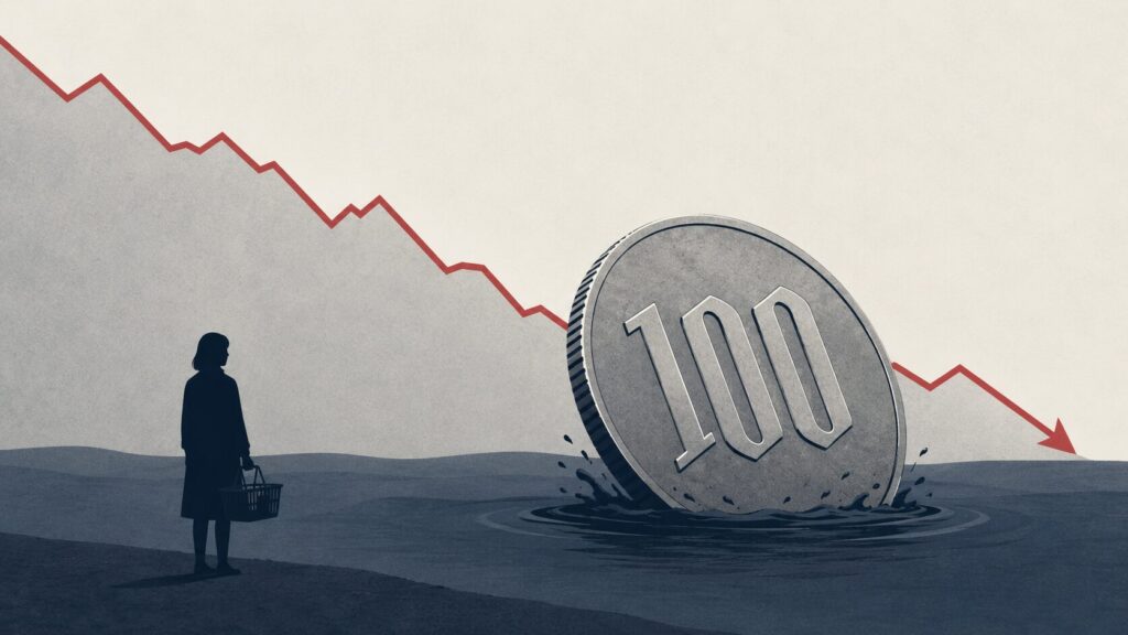 下降するグラフと沈む百円硬貨で円安の進行を表し、買い物かごを持つ人物が物価高に直面する家計を示すイラスト