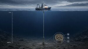 南鳥島沖の深海からレアアース泥を採取する調査船と採泥パイプを描いた断面イラスト