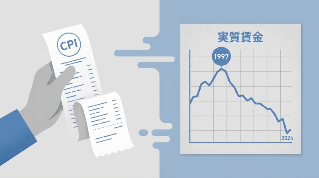 スーパーのレシートと、1997年から低下する実質賃金指数のグラフを対比したイラスト