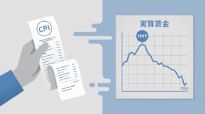 スーパーのレシートと、1997年から低下する実質賃金指数のグラフを対比したイラスト